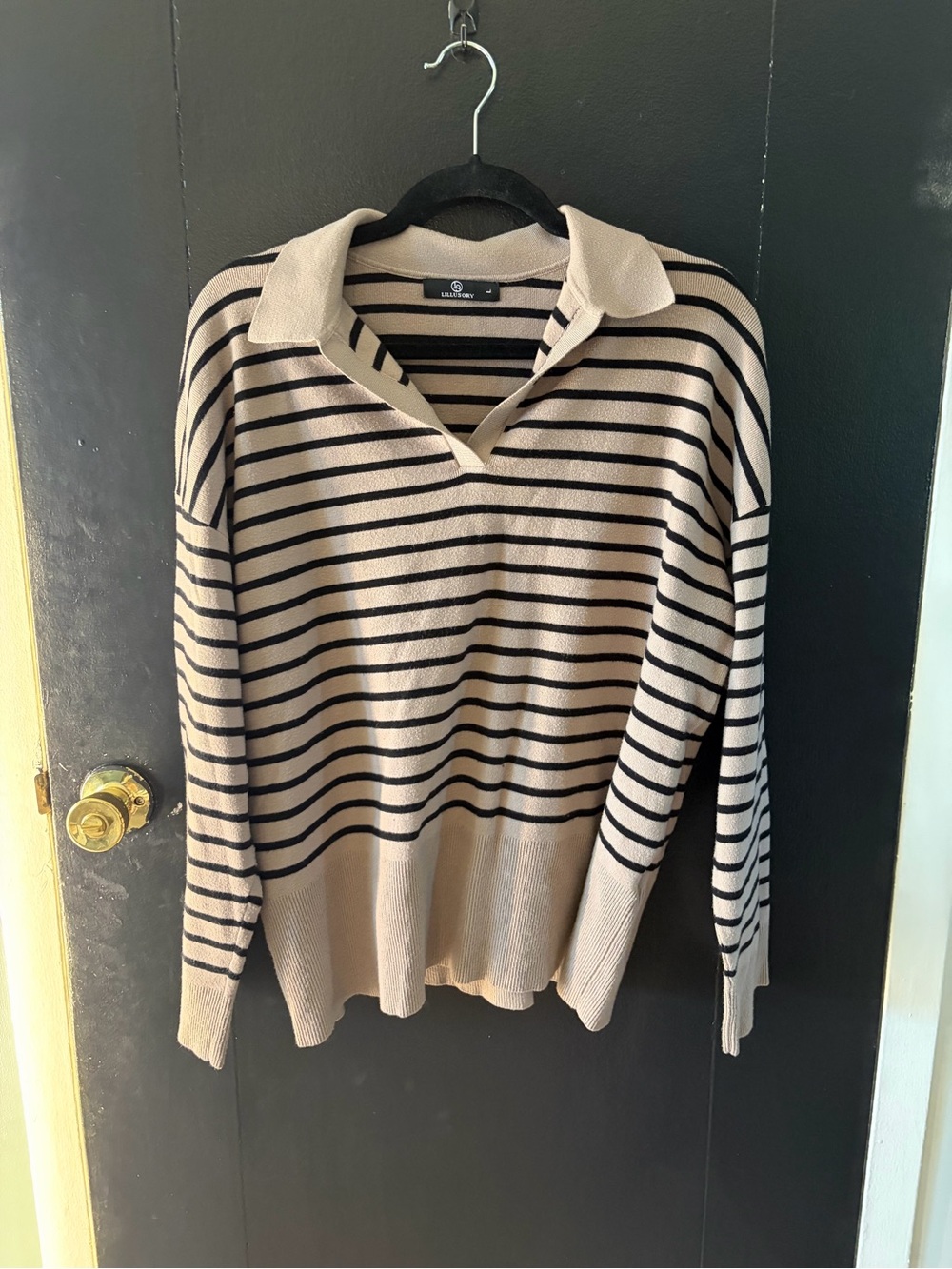 Striped Polo Collar Sweater in Beige and Black